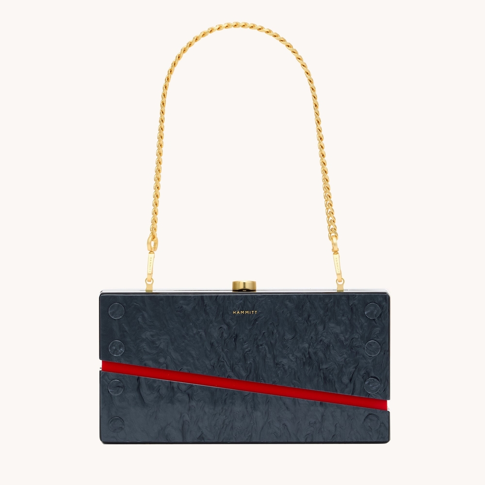 NIB HAMMITT LA Soiree Clutch Carrara Black Red Gold Chain ACRYLIC HAND BAG